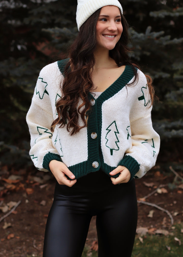 Tree Embroidered Contrast Sweater Cardigan