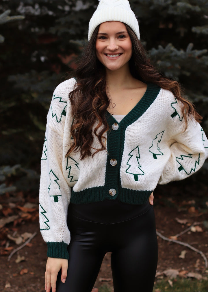 Tree Embroidered Contrast Sweater Cardigan