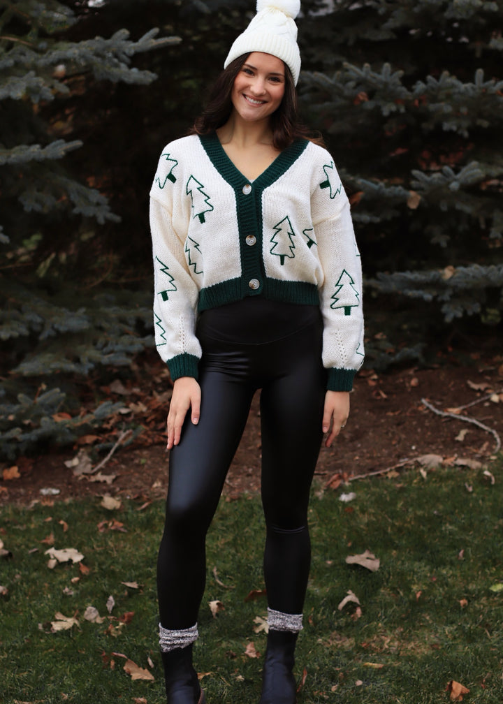 Tree Embroidered Contrast Sweater Cardigan