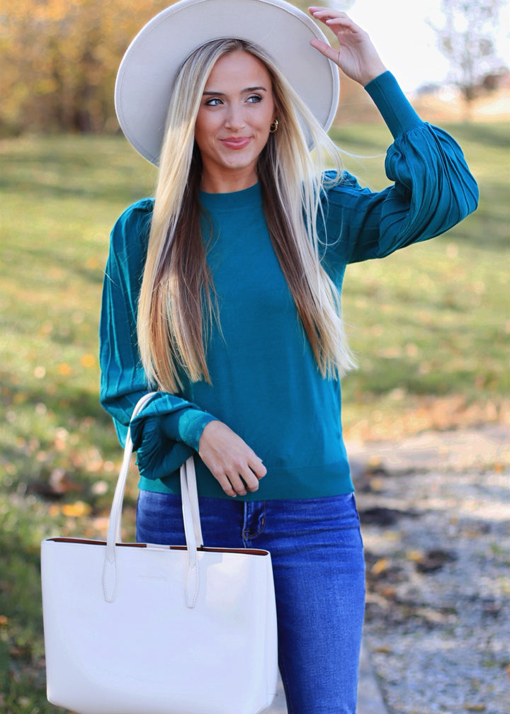 Pleats on the Sleeve Top in Alpine Green