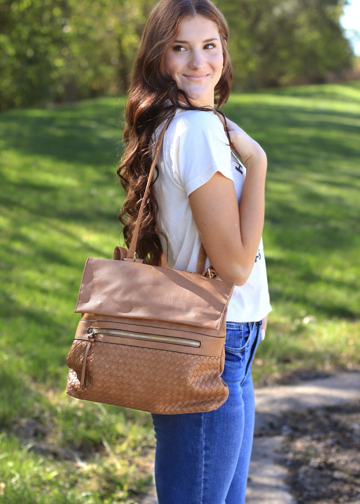 Helena Woven Flap Backpack in Camel