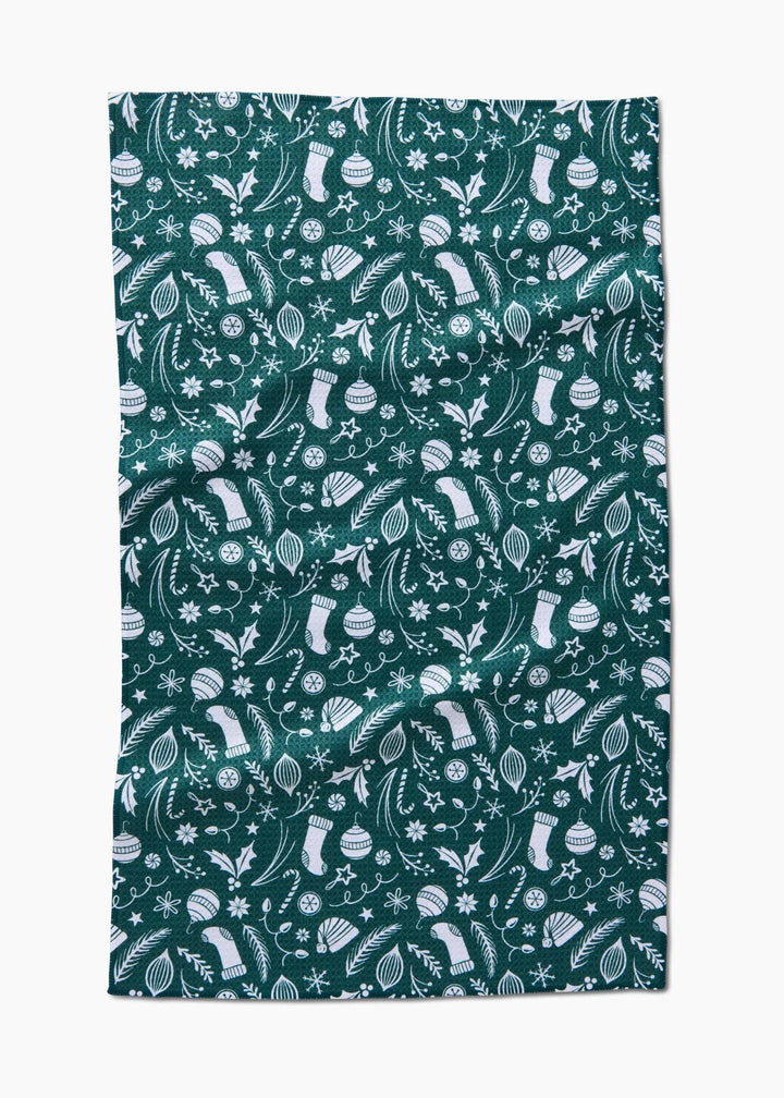 Classic Christmas Icons Green Tea Towel