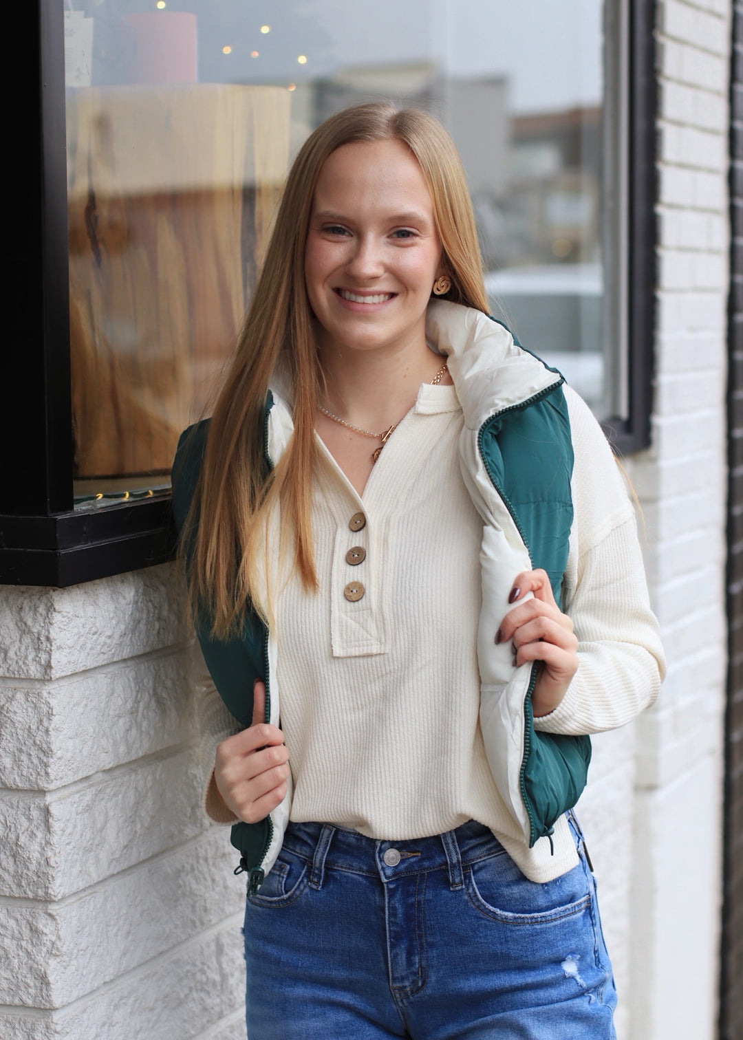 Lumen Half Button V Neck Top in Cream