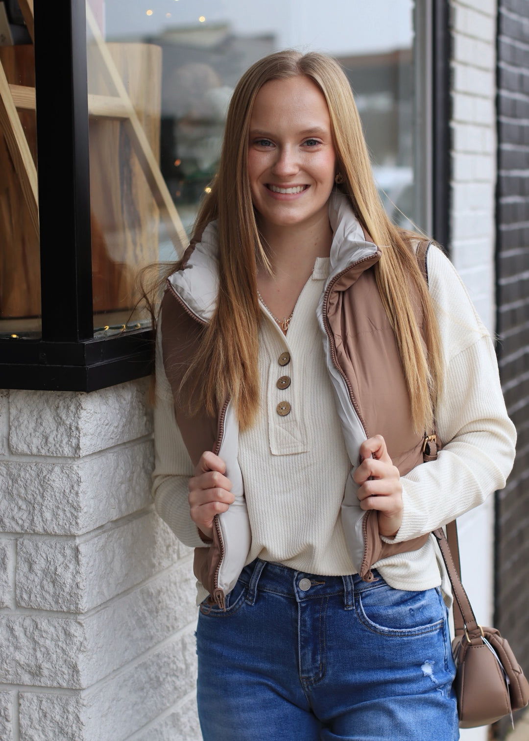 Lumen Half Button V Neck Top in Cream