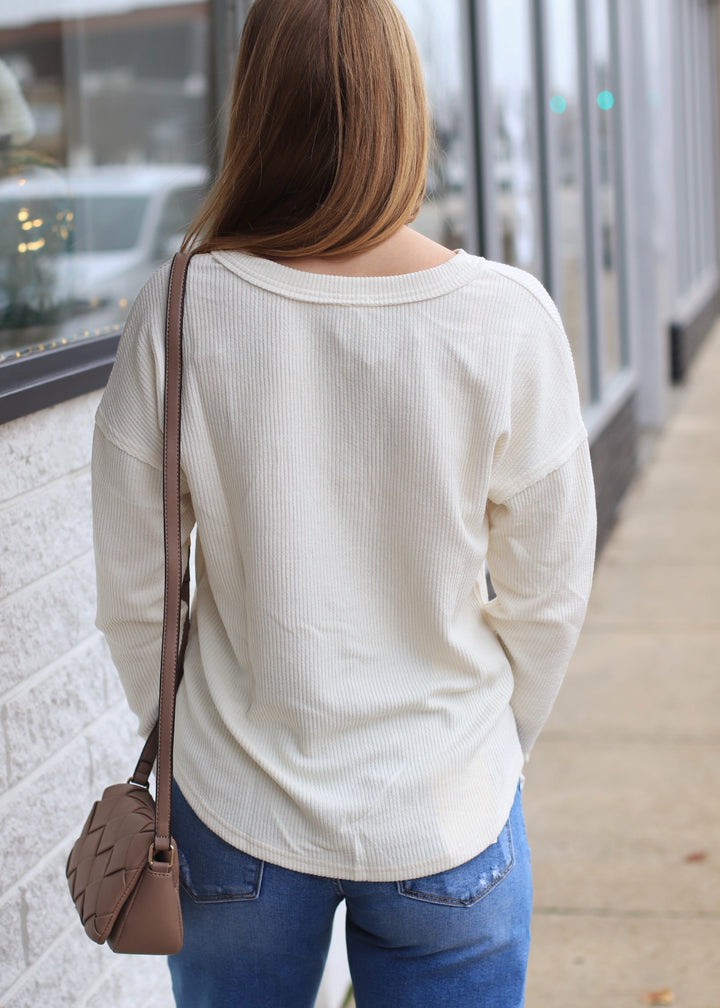 Lumen Half Button V Neck Top in Cream