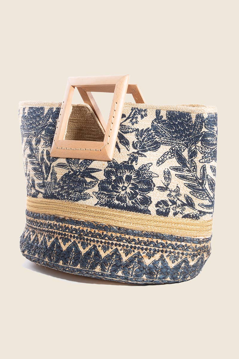 Floral Print Wooden Square Handle Tote Bag