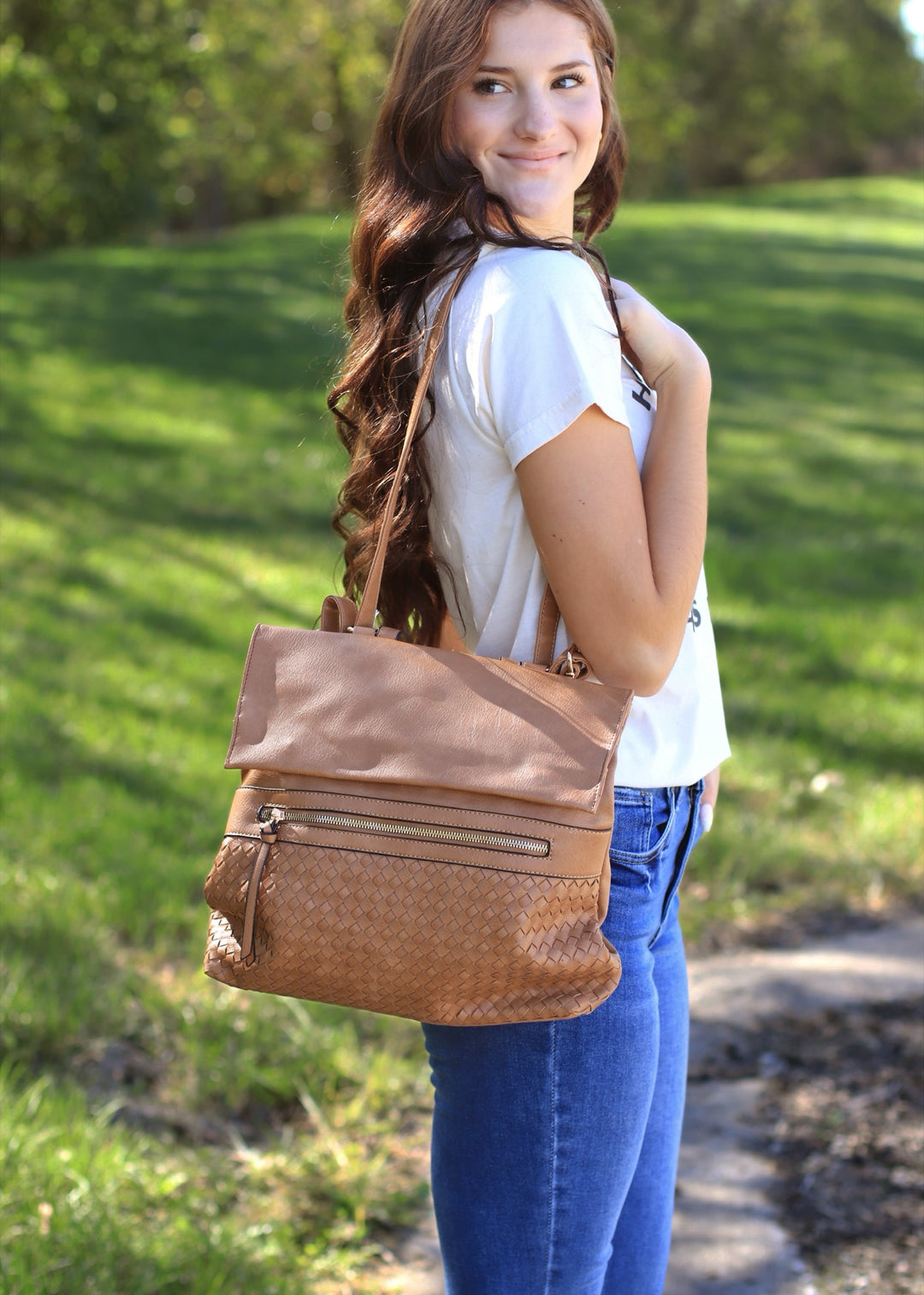 Helena Woven Flap Backpack in Camel