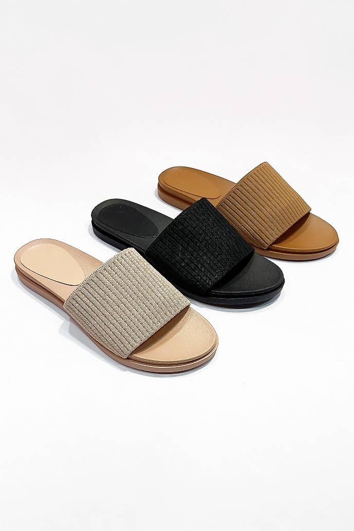 CLEARANCE FINAL SALE MISSION BOLD KNIT BAND UPPER MOLDED FOOTBEAD SLIDE SANDAL