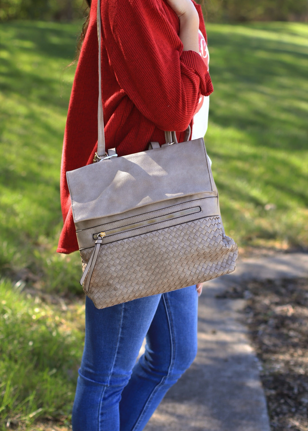 Helena Woven Flap Backpack in Light Stone