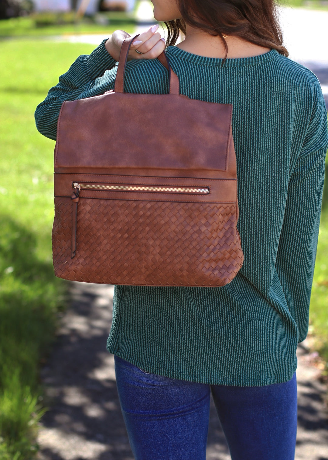 Helena Woven Flap Backpack in Brown