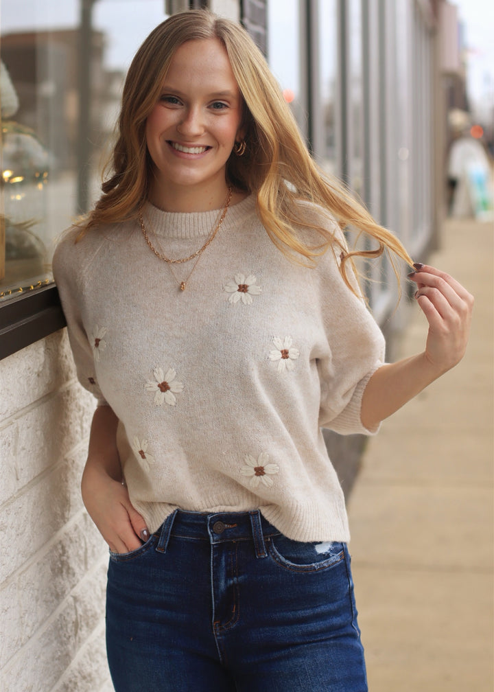 Daisy Embroidered  Sweater Top