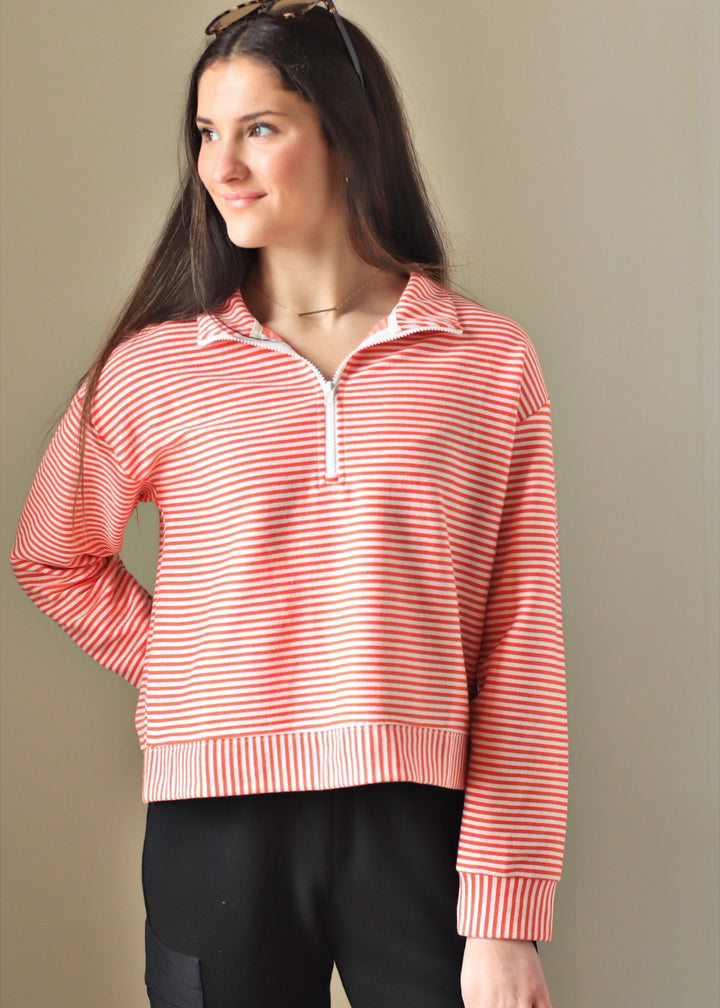 Coral Blush Stripe Half Zip Pullover