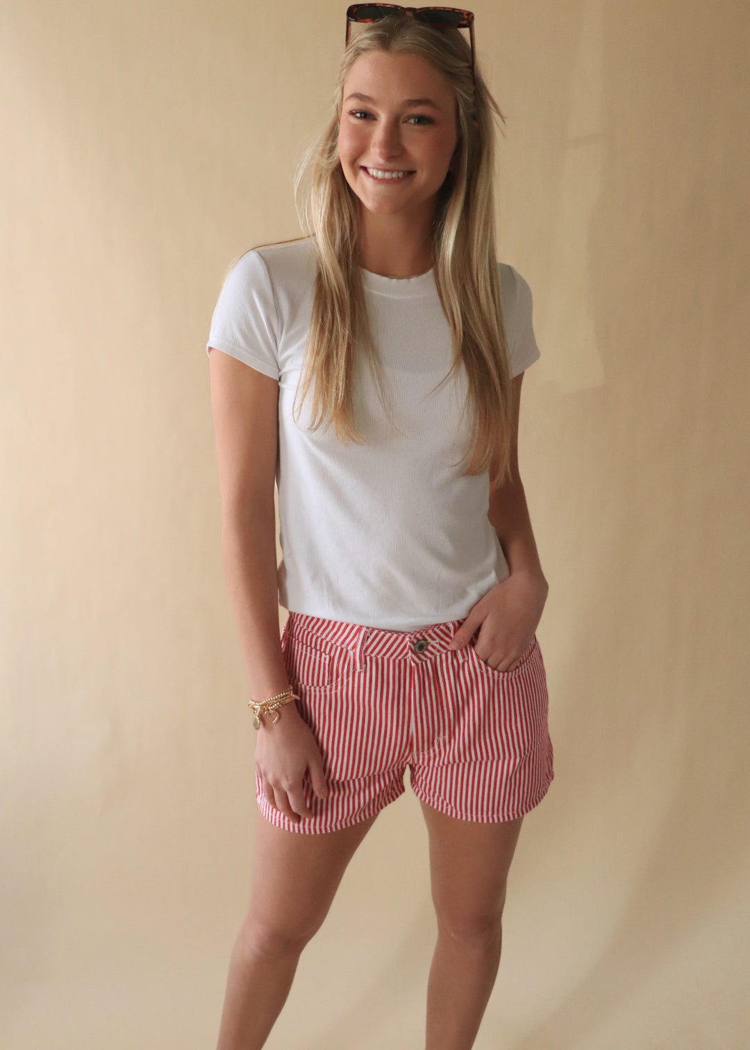 Striped Denim Shorts in Red/White