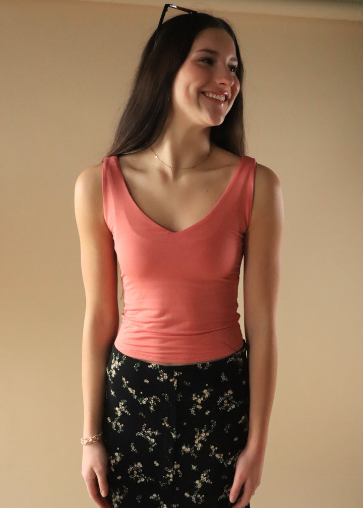 Basic V-Neck Tank in Coral