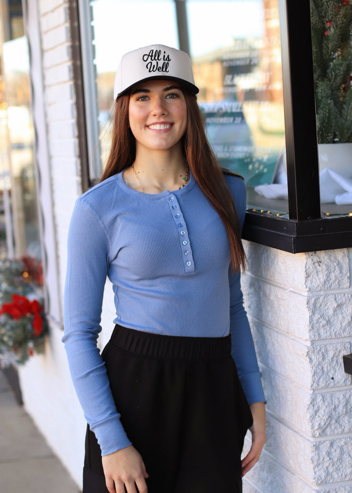 Henley Top - Long Sleeve Thermal Dusty Blue