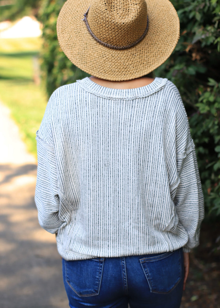 CLEARANCE FINAL SALE Kit Plus Striped Drop Shoulder V Neck Knit Top