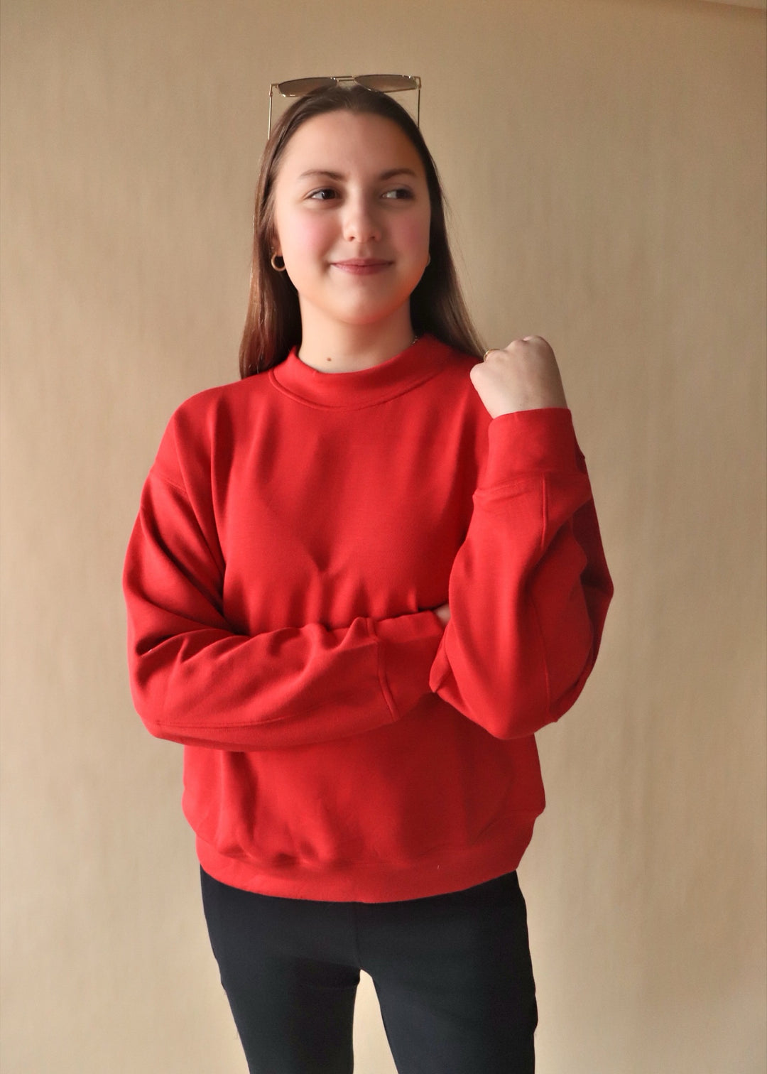 The Kelly Scuba Mock Neck Pullover in Red