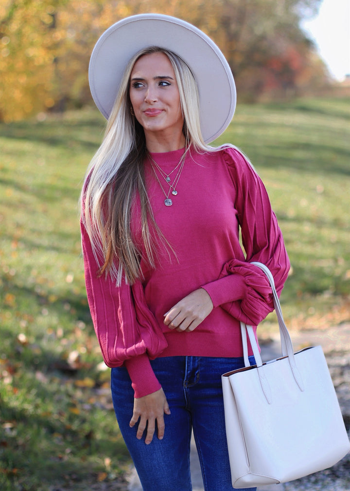 Pleats on the Sleeve Top in Dark Crimson