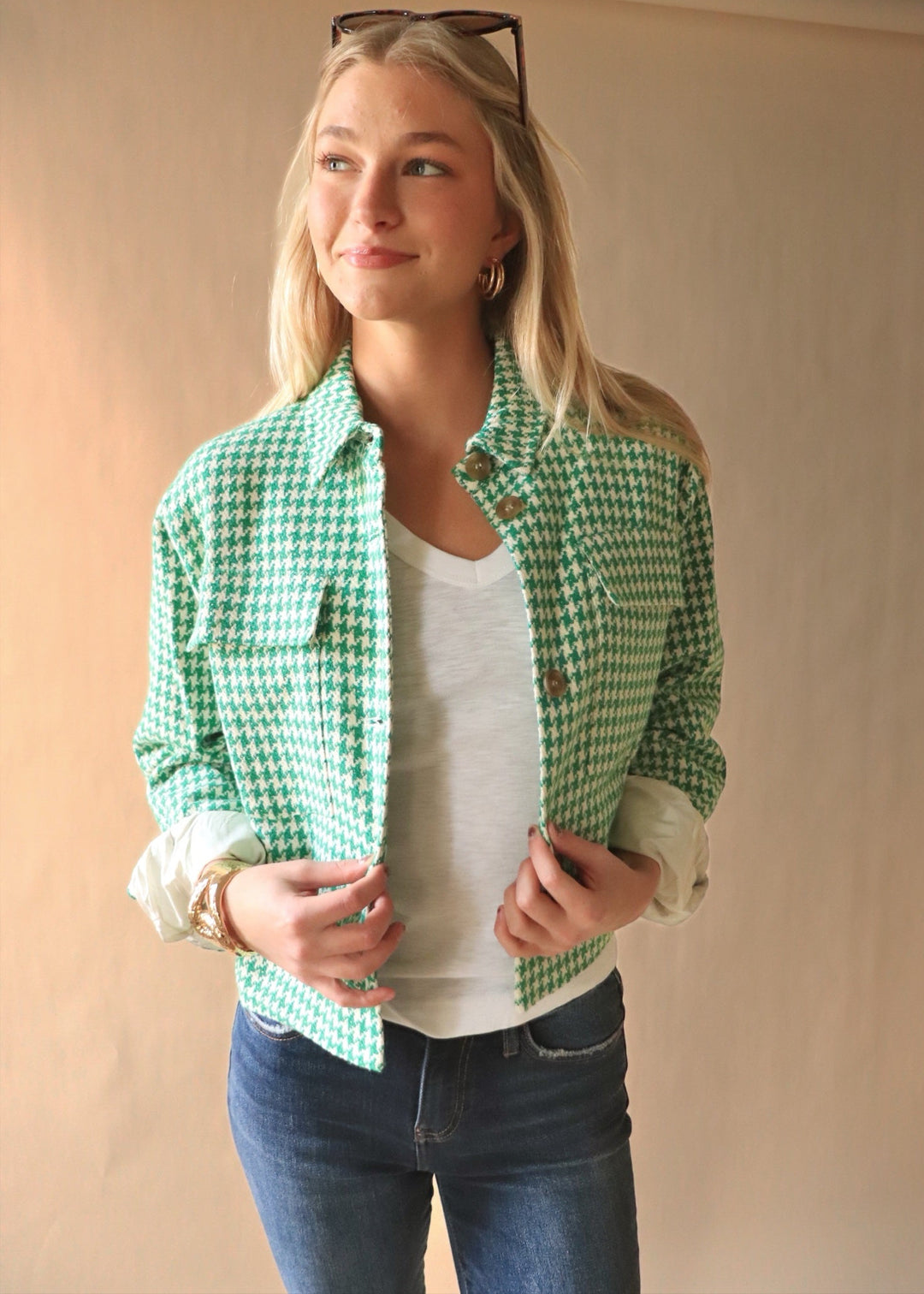 RESTOCKED Houndstooth Tweed Button-Up Jacket