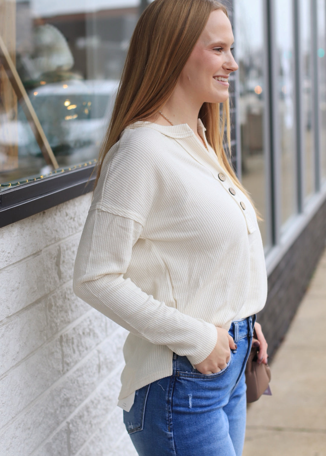 Lumen Half Button V Neck Top in Cream