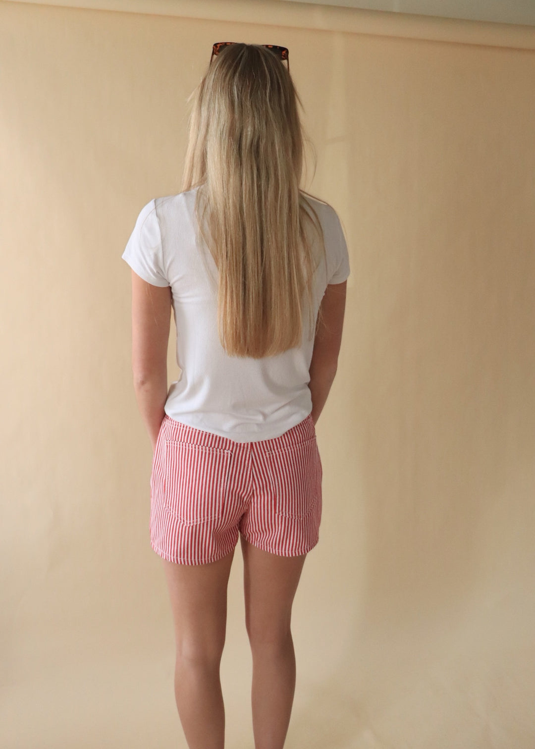 Striped Denim Shorts in Red/White