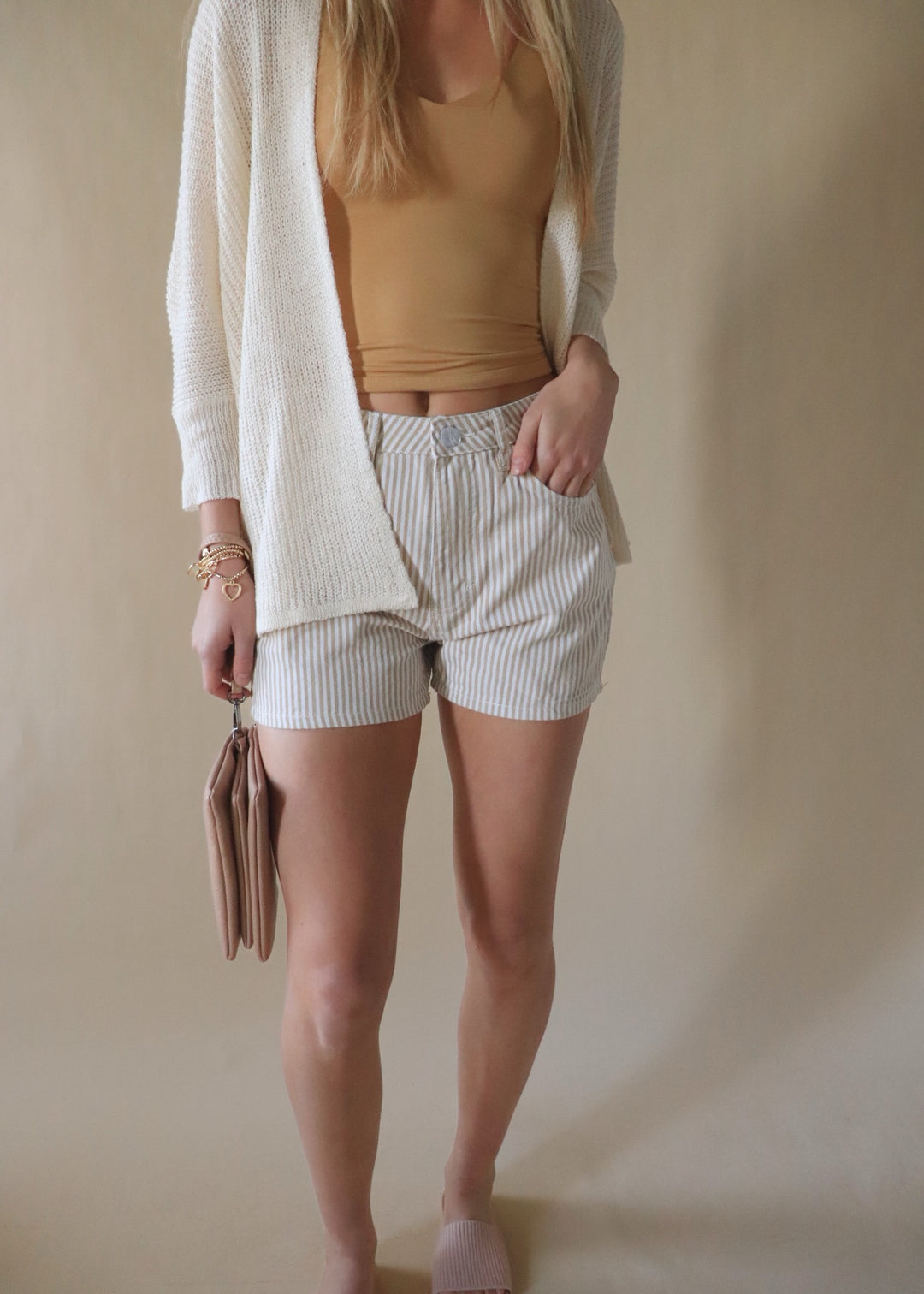 Striped Denim Shorts in Taupe/White