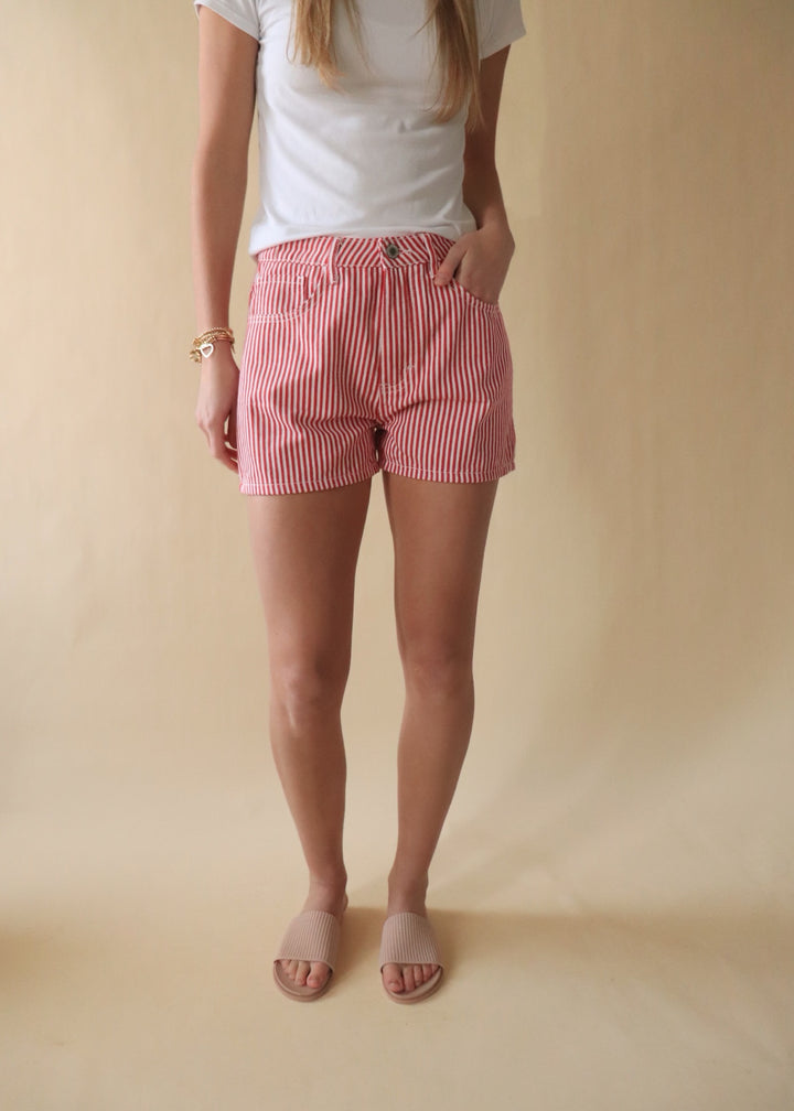 Striped Denim Shorts in Red/White