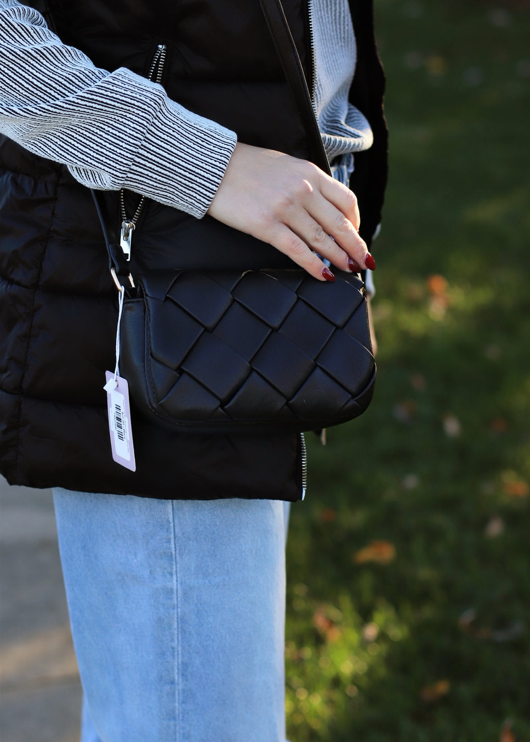 Black Emily Mini Woven Flap Crossbody Bag