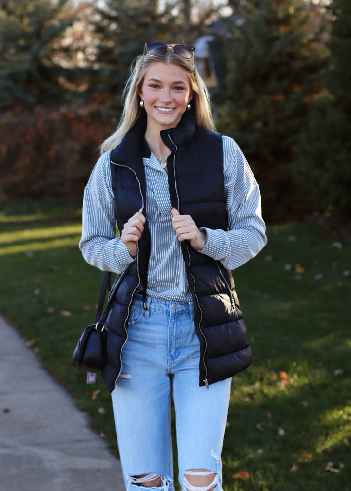 Valley Sleeveless Longline Puffer Vest in Black