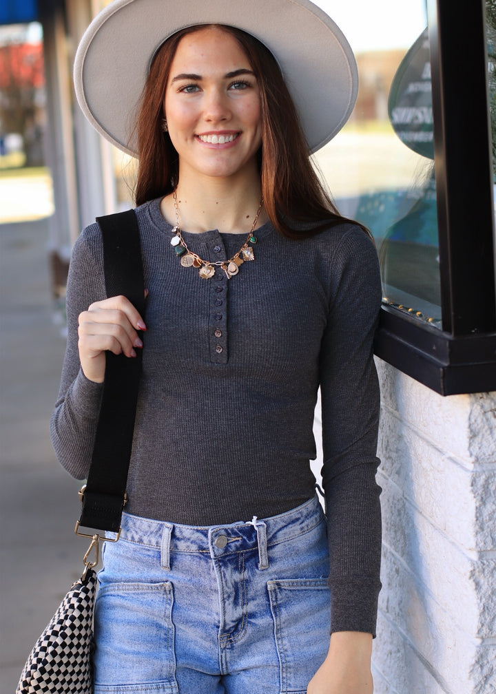 Henley Top - Long Sleeve Thermal Charcoal