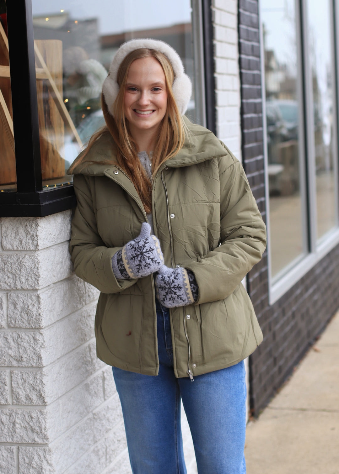 Elastic Waist Zip Up Puffer Jacket in Lt Olive