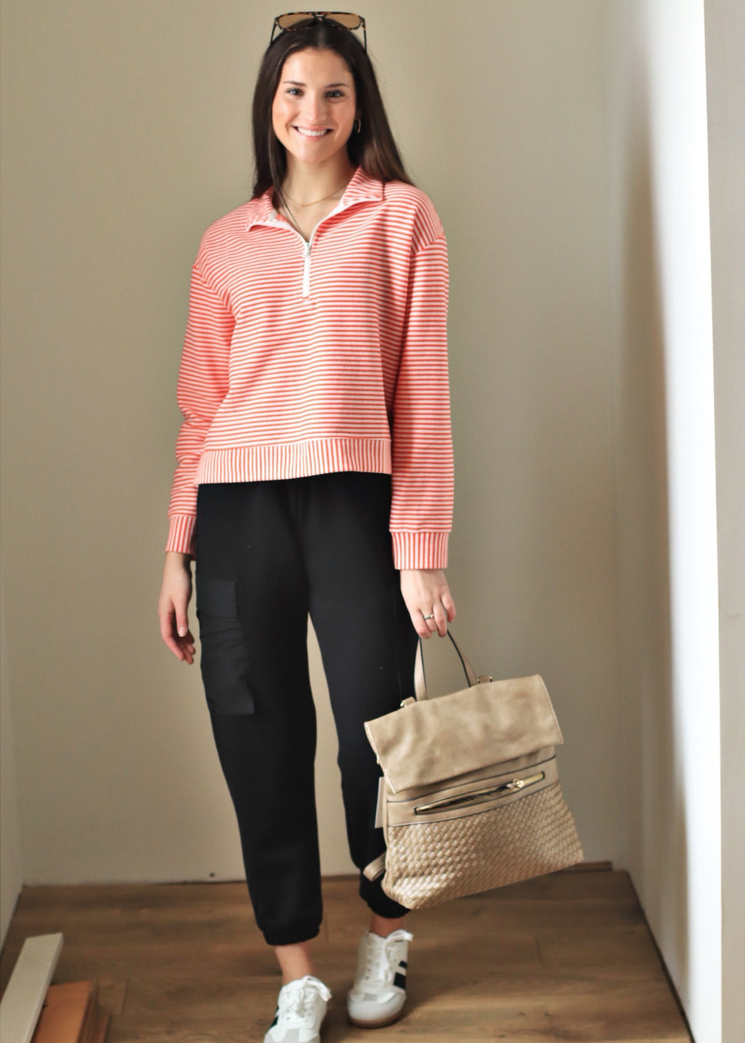 Coral Blush Stripe Half Zip Pullover