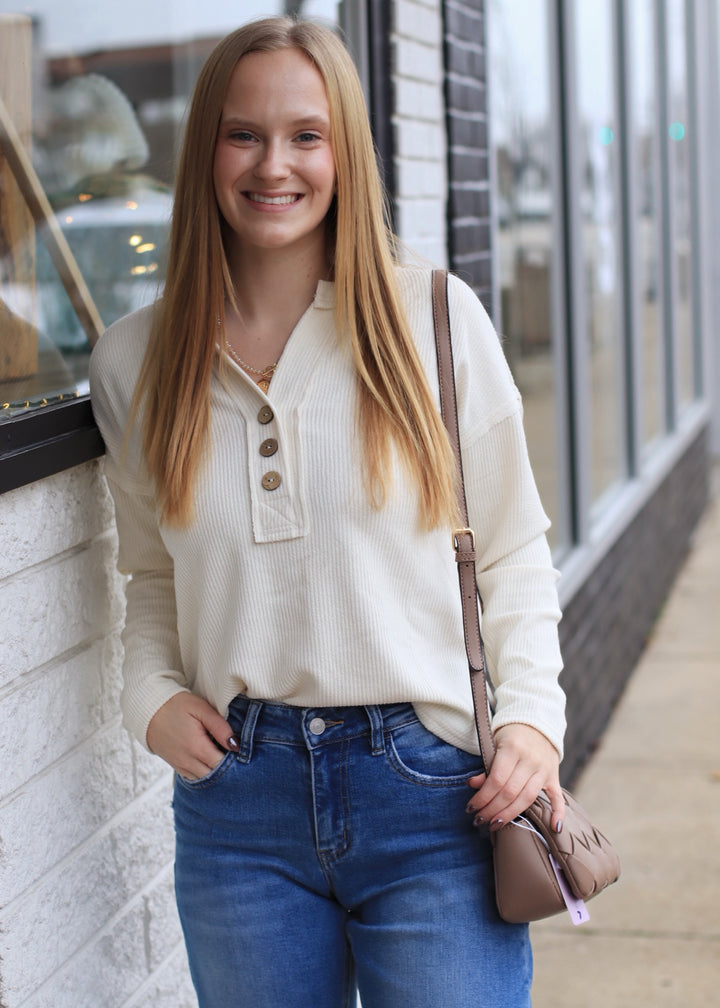 Lumen Half Button V Neck Top in Cream