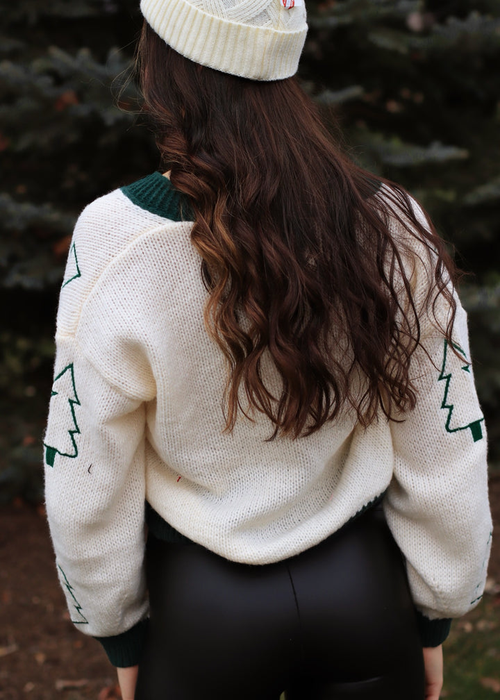 Tree Embroidered Contrast Sweater Cardigan