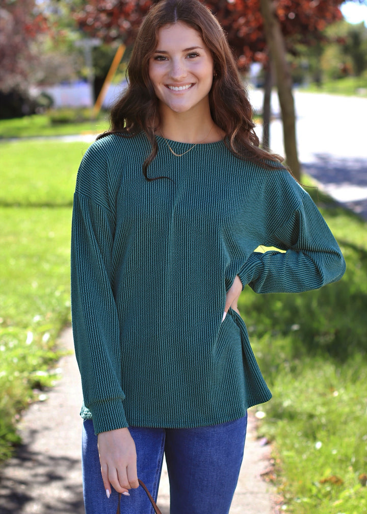 Finn Puff Sleeve Ribbed Top in Hunter Green