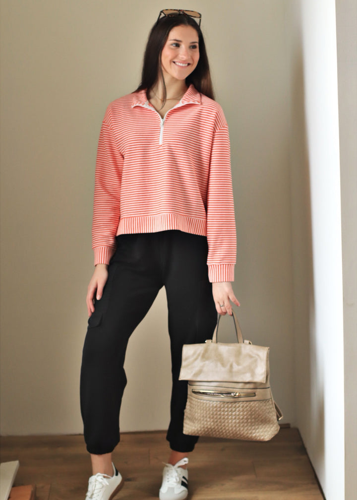 Coral Blush Stripe Half Zip Pullover