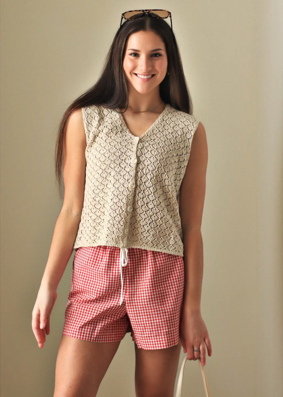 Marian Crochet Button-Up Vest in Shell