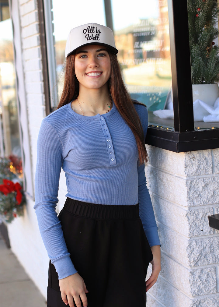 Henley Top - Long Sleeve Thermal Dusty Blue