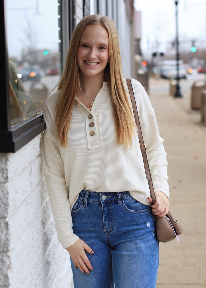 Lumen Half Button V Neck Top in Cream