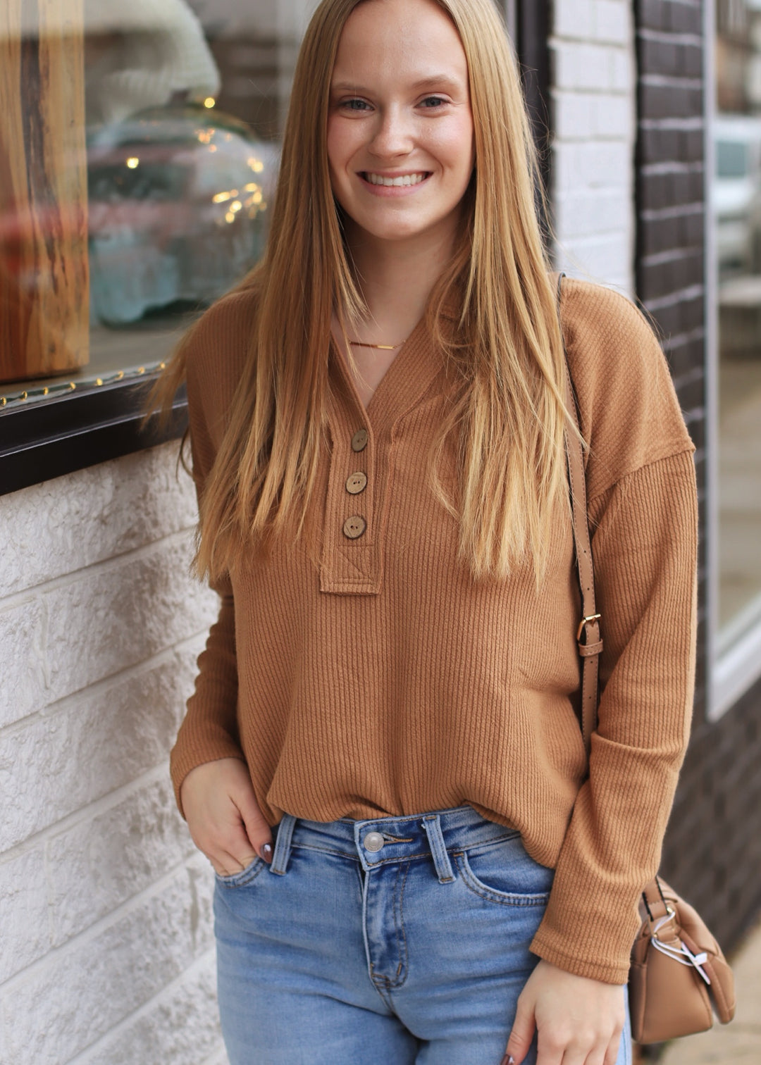 Lumen Half Button V Neck Top in Almond