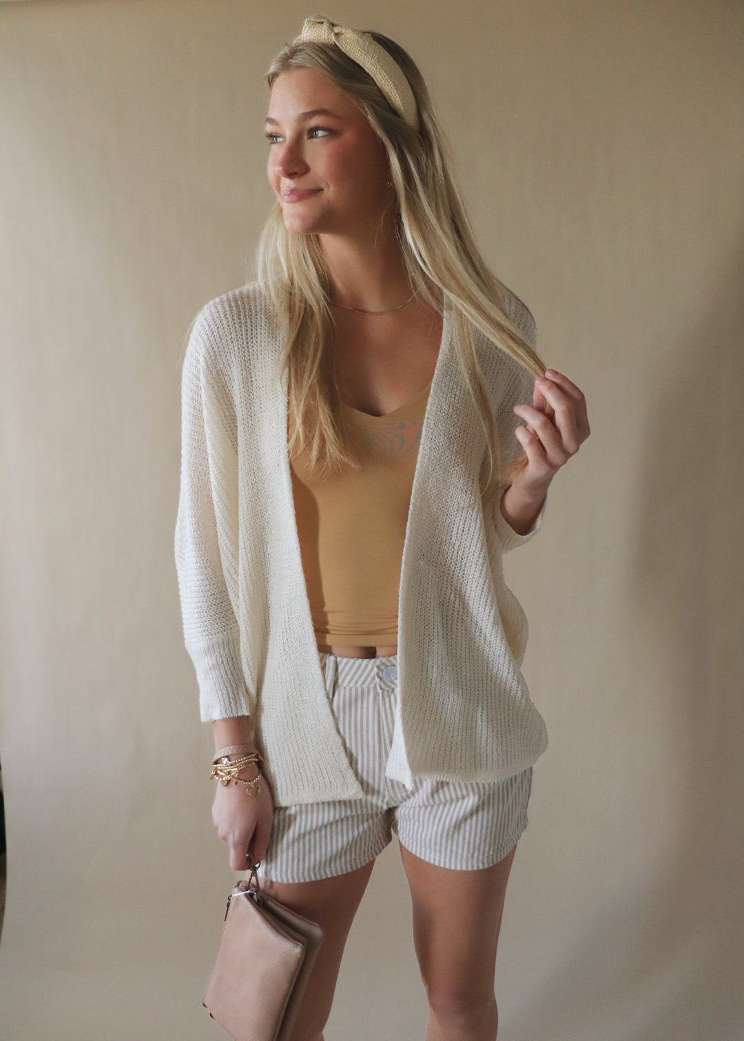 Striped Denim Shorts in Taupe/White