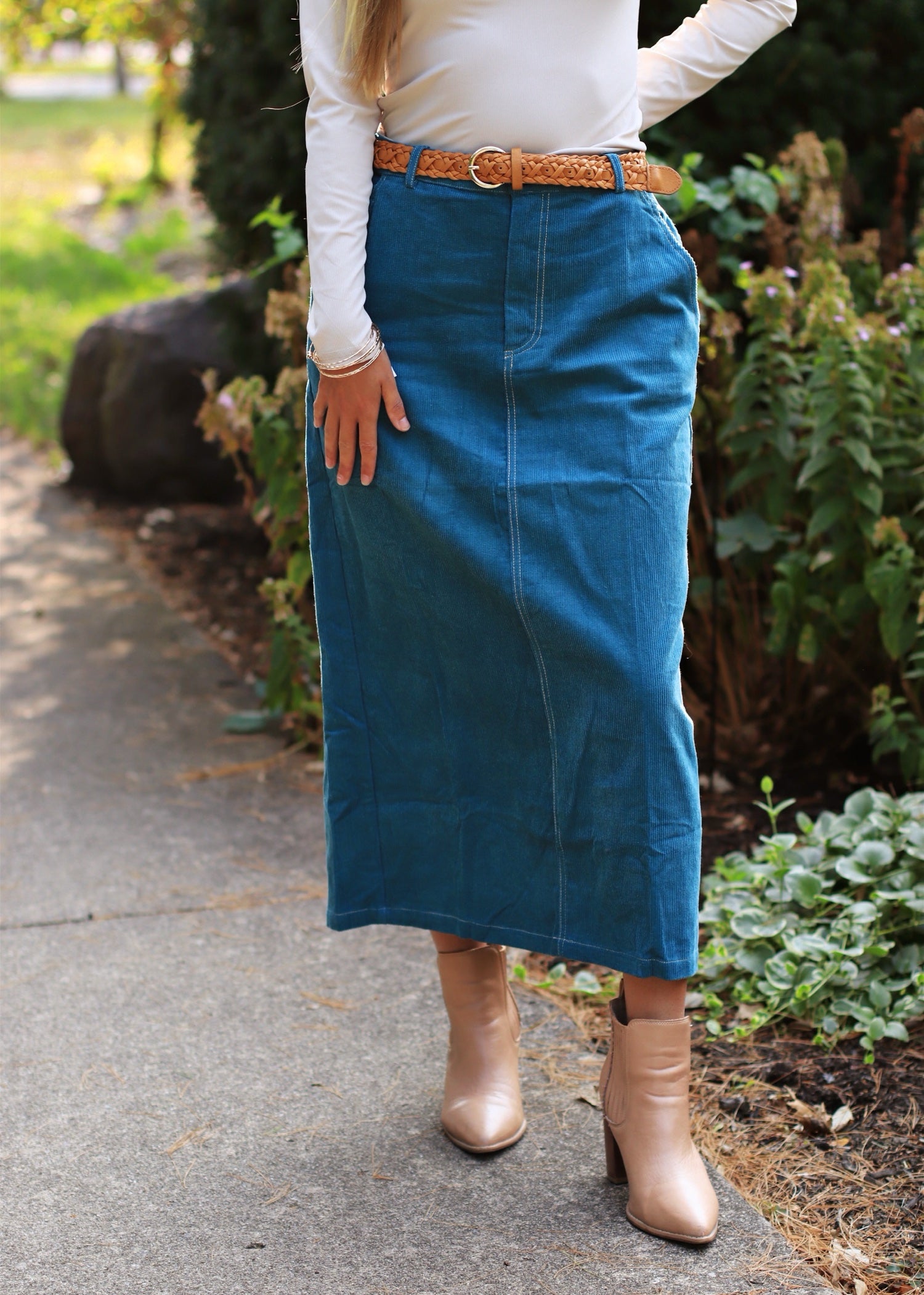 Teal Corduroy Midi Skirt Large