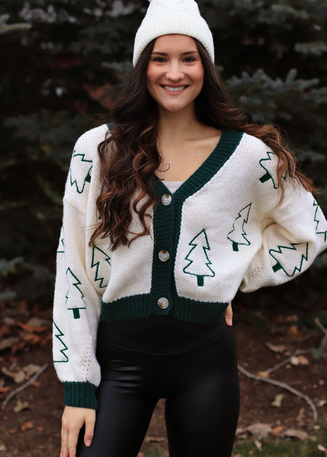 Tree Embroidered Contrast Sweater Cardigan