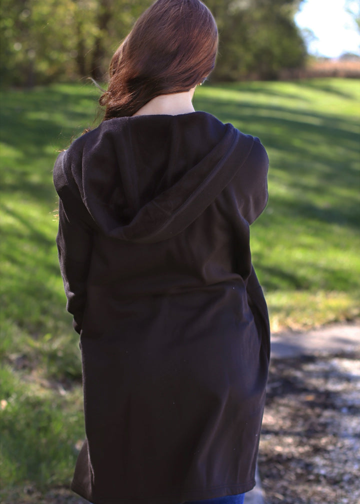 Black Open Front Longline Hoodie Cardigan with Fleece Lining