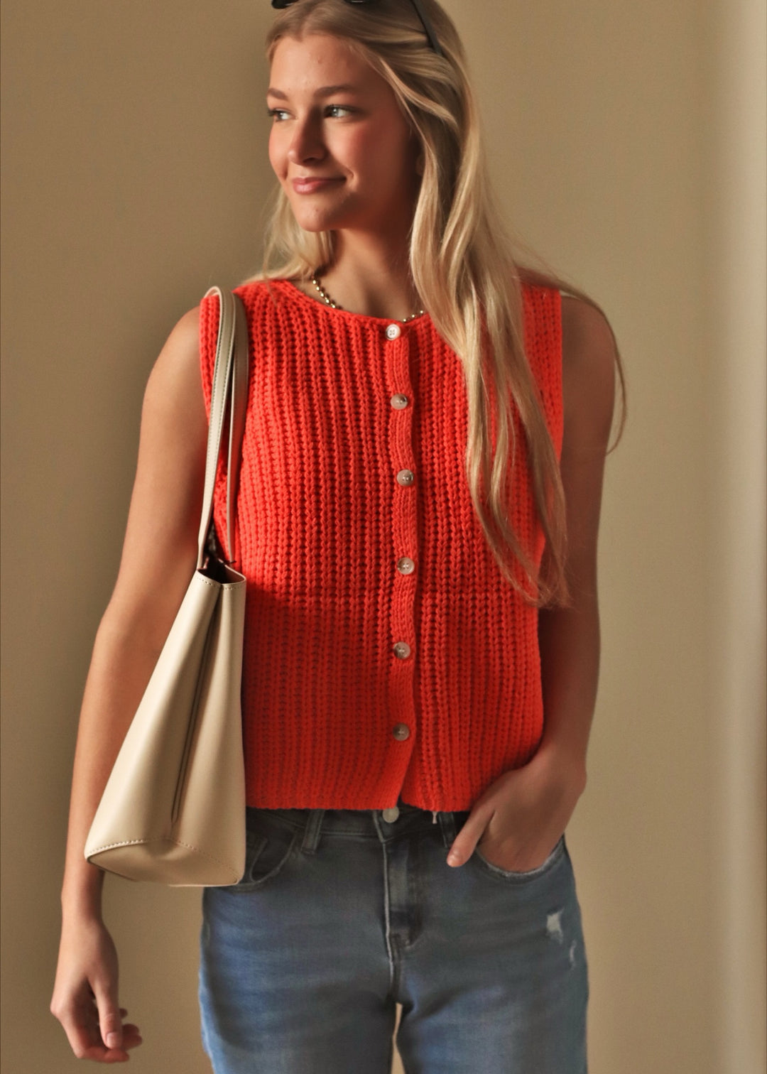 Papaya Button Up Sweater Tank