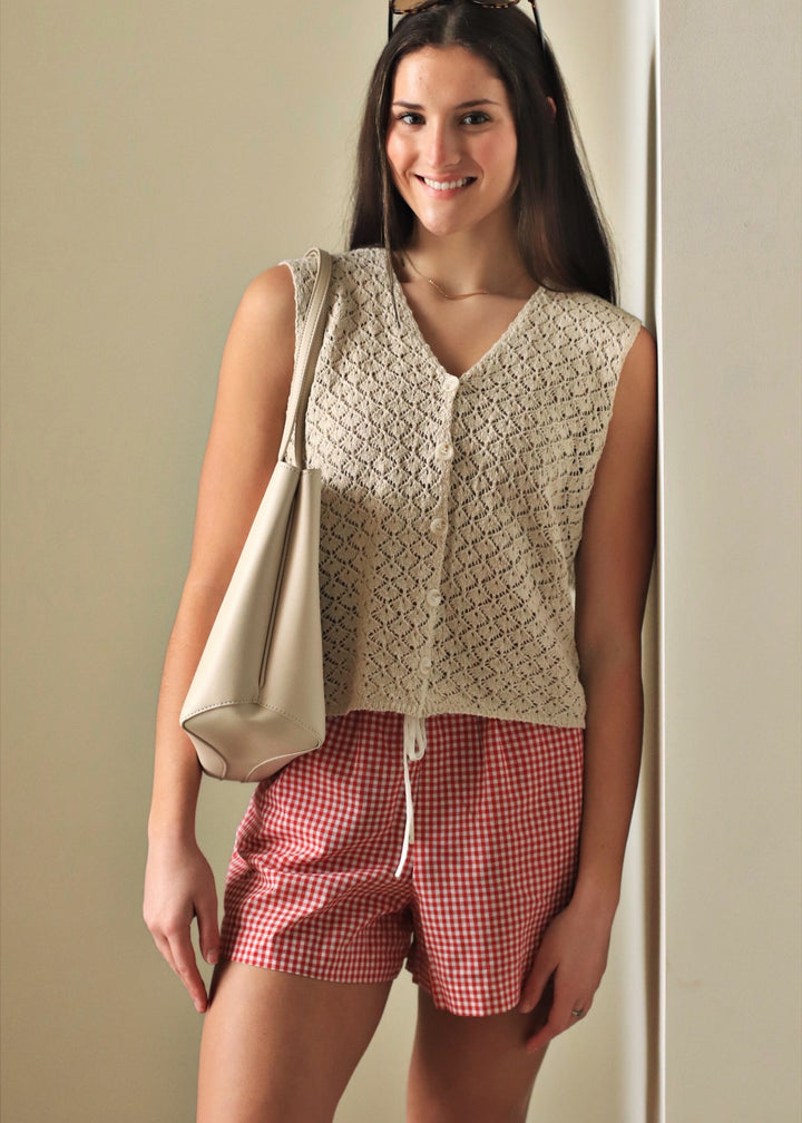 Marian Crochet Button-Up Vest in Shell