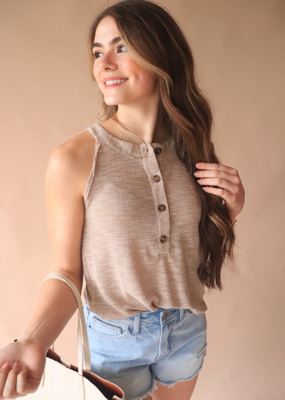 CLEARANCE FINAL SALE Basket Beige Tank Top with Buttons