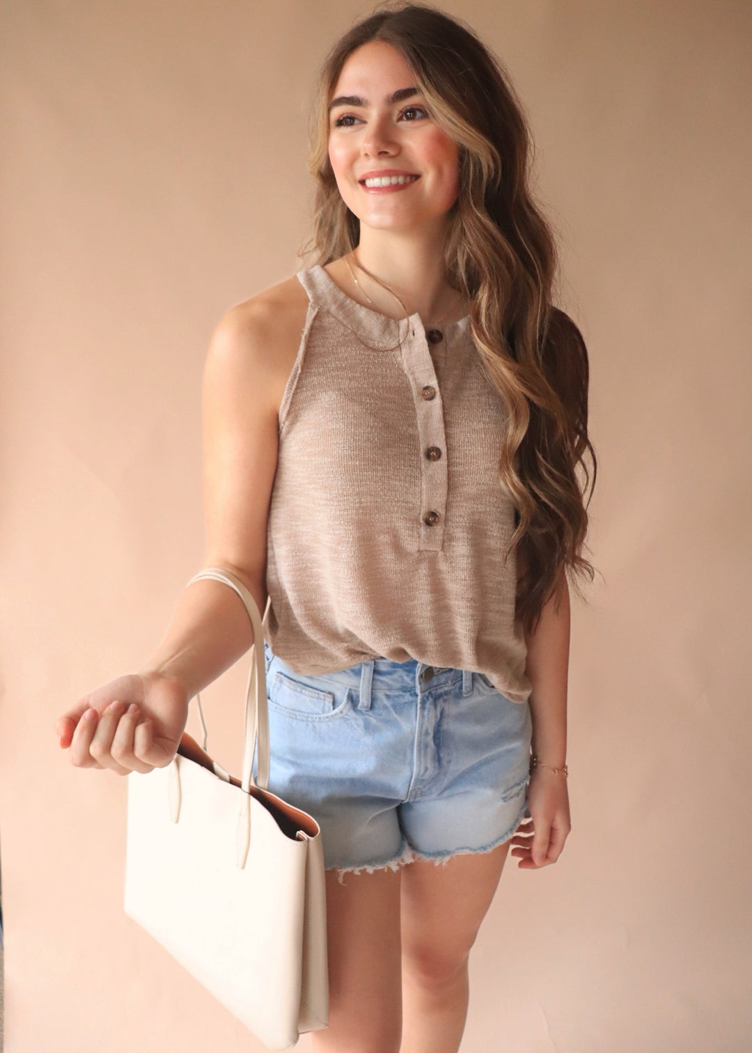 CLEARANCE FINAL SALE Basket Beige Tank Top with Buttons