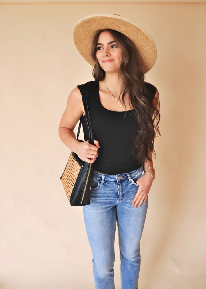 CLEARANCE FINAL SALE  Double Layered Scoop Cap Sleeve Top in Black