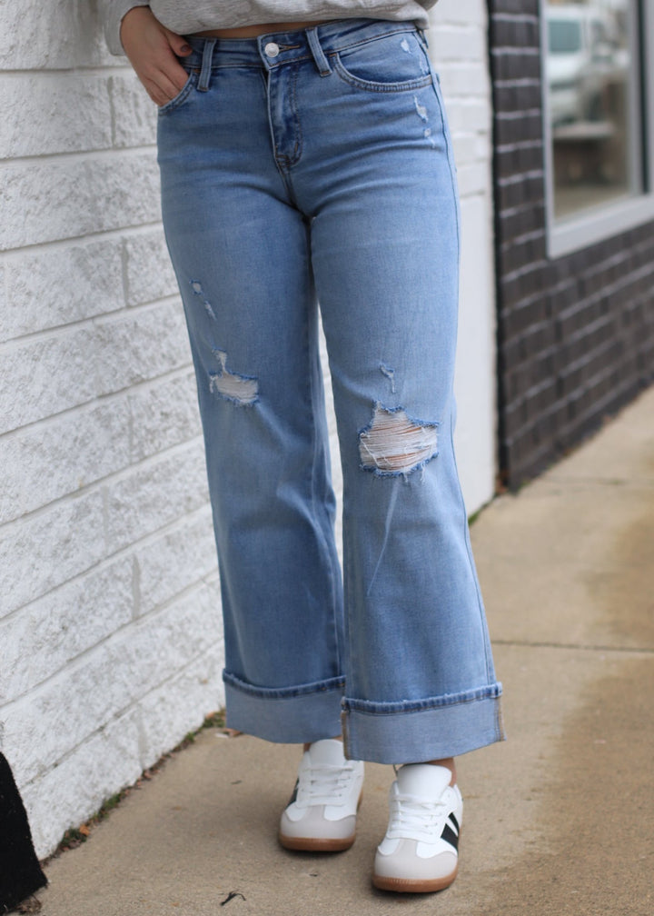 The Triple Up Mid Rise Ankle Cuffed Wide Denim Jeans